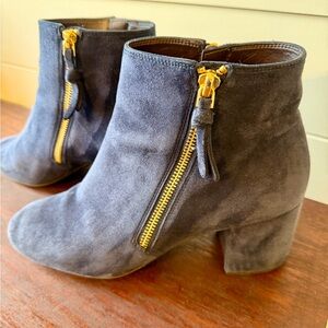 Cole Haan Navy Suede Ankle Booties with Gold Zipper